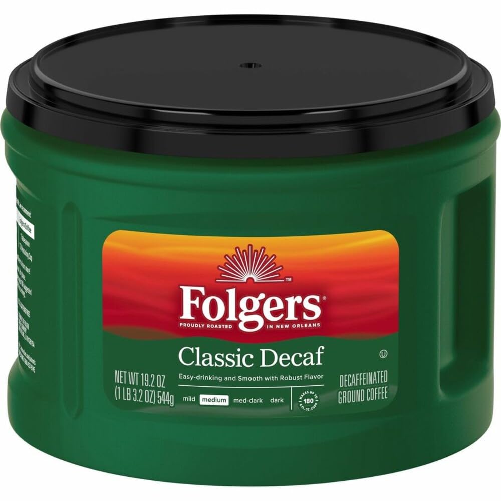 Folgers Classic Decaf ground coffee canister with aroma sealing preserves freshness for everyday brewing.