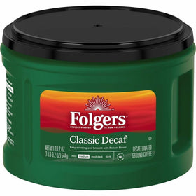 Folgers Classic Decaf ground coffee canister with aroma sealing preserves freshness for everyday brewing.