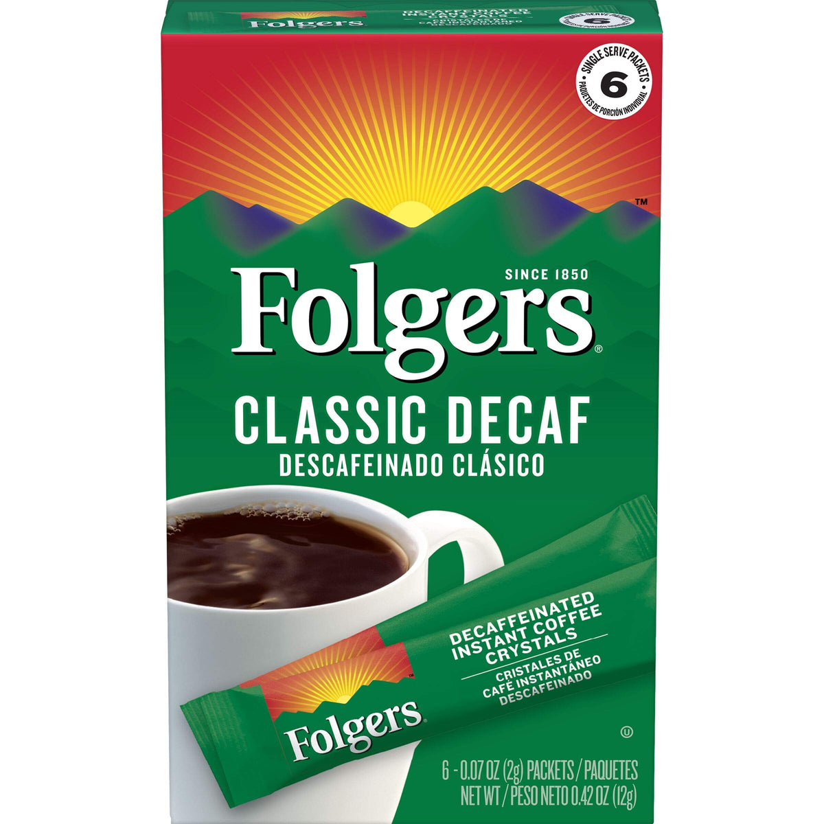 Folgers Classic Decaf Instant Coffee Crystals packaging front for quick, ready-to-brew servings.