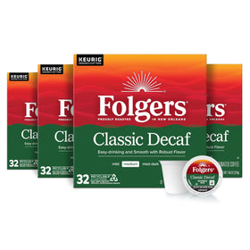 Folgers Classic Decaf K-Cup Pods in box, convenient for quick mornings.
