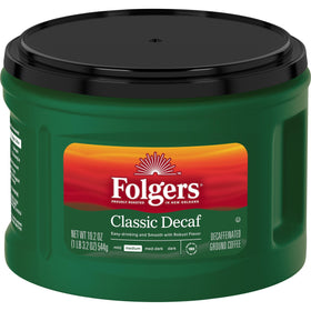 Folgers Classic Decaf packaging front showing six AromaSeal canisters for freshness.