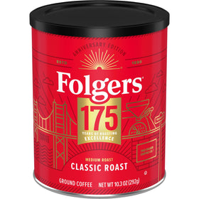 Folgers Classic Medium Roast ground coffee in a sturdy canister for versatile brewing.