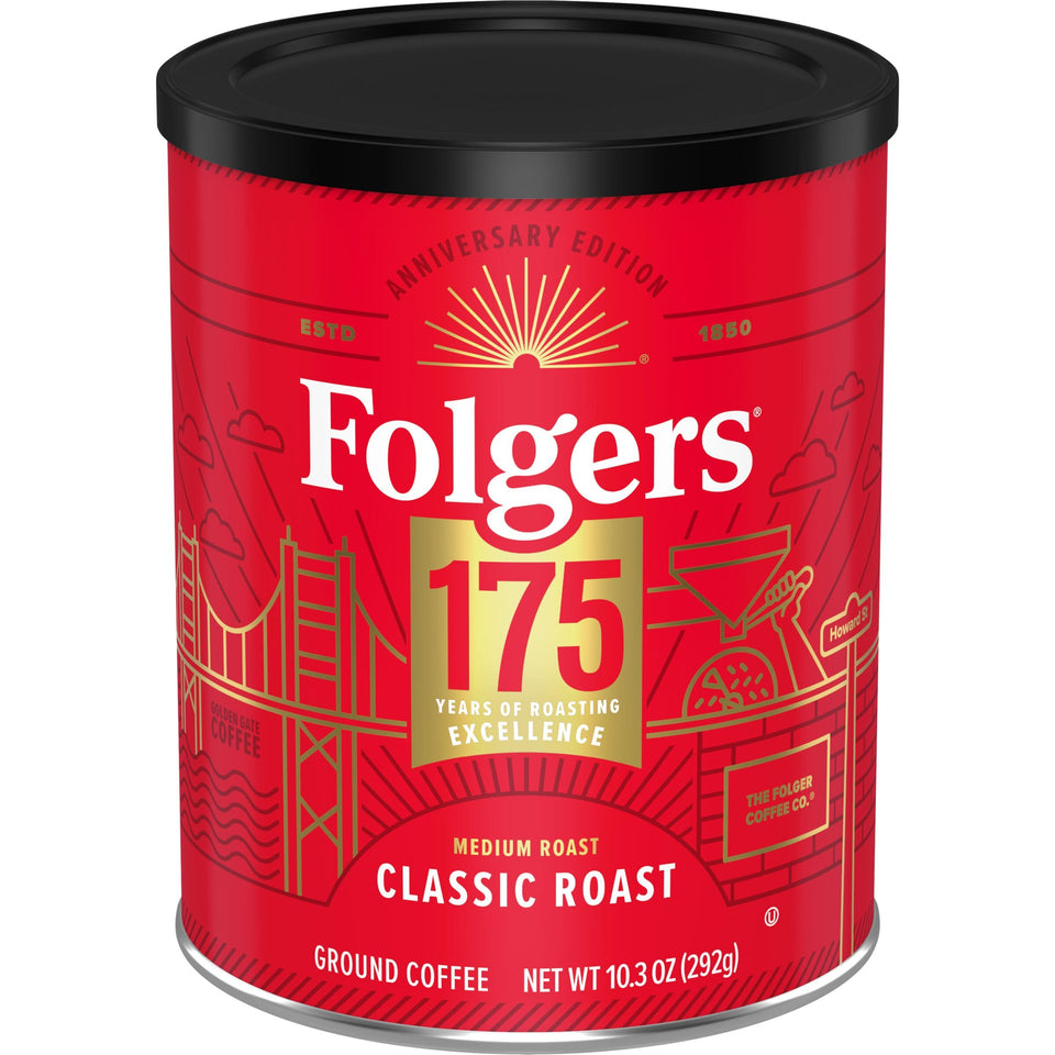 Folgers Classic Medium Roast ground coffee in a sturdy canister for versatile brewing.