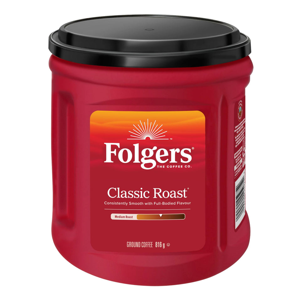 Folgers Classic Roast 816g canister front view with convenient airtight packaging.