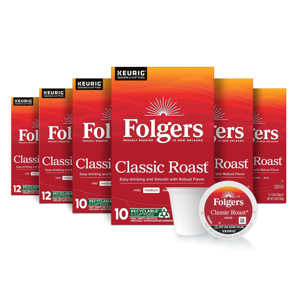 Folgers Classic Roast box front showing six 60-count boxes for morning use