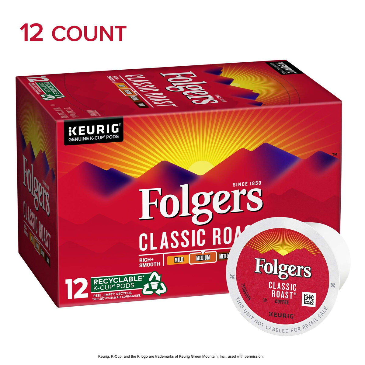 Folgers Classic Roast box packaging shows 12 single-serve pods for easy mornings.