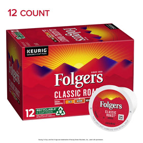 Folgers Classic Roast box packaging shows 12 single-serve pods for easy mornings.