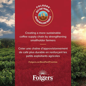 Folgers Classic Roast brewed cup setup highlights rich body and smooth finish.