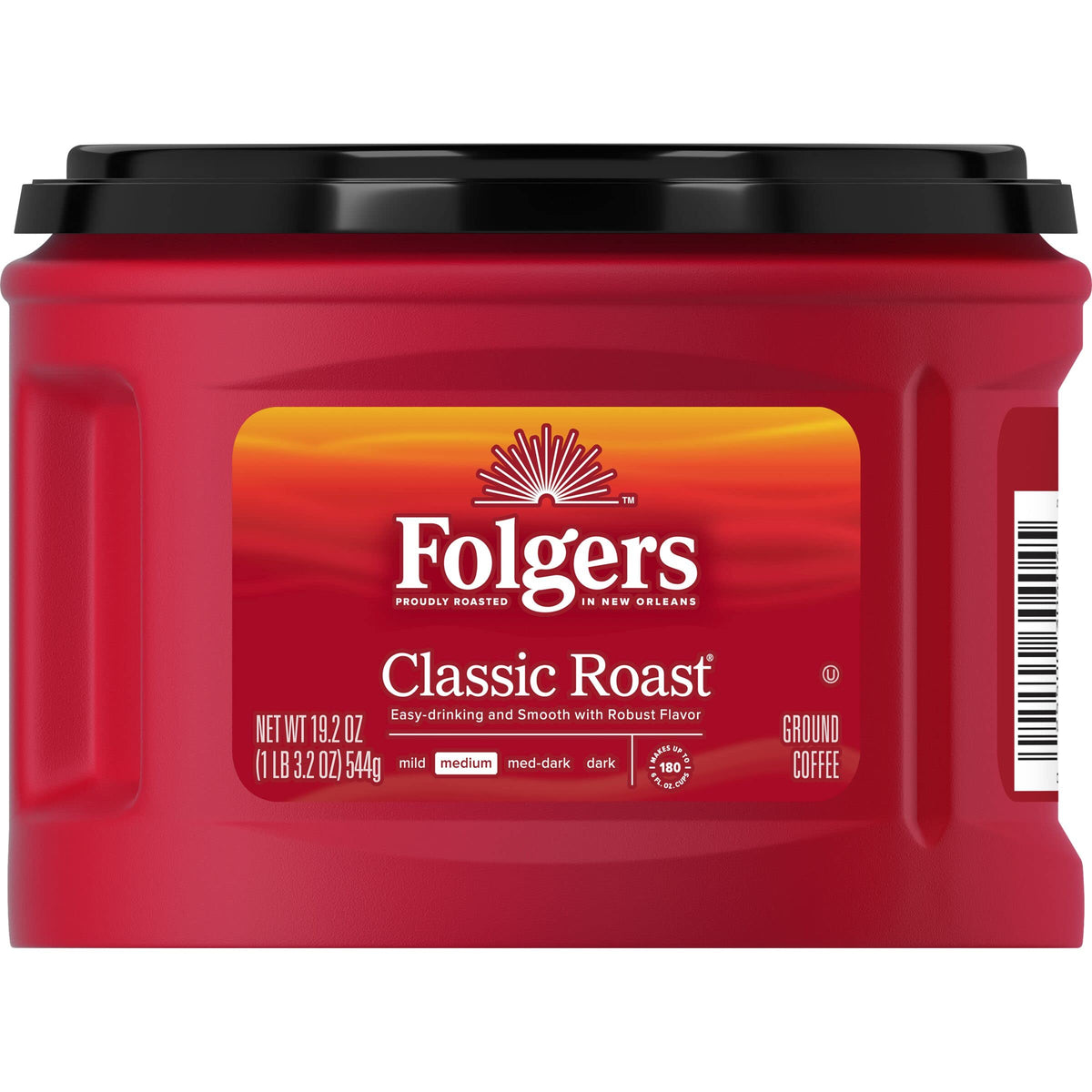 Folgers Classic Roast canister front view, fresh aroma enhances daily ritual