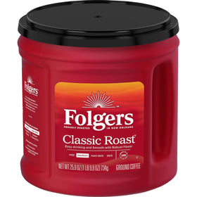 Folgers Classic Roast canister on kitchen counter, bold aroma for morning rituals