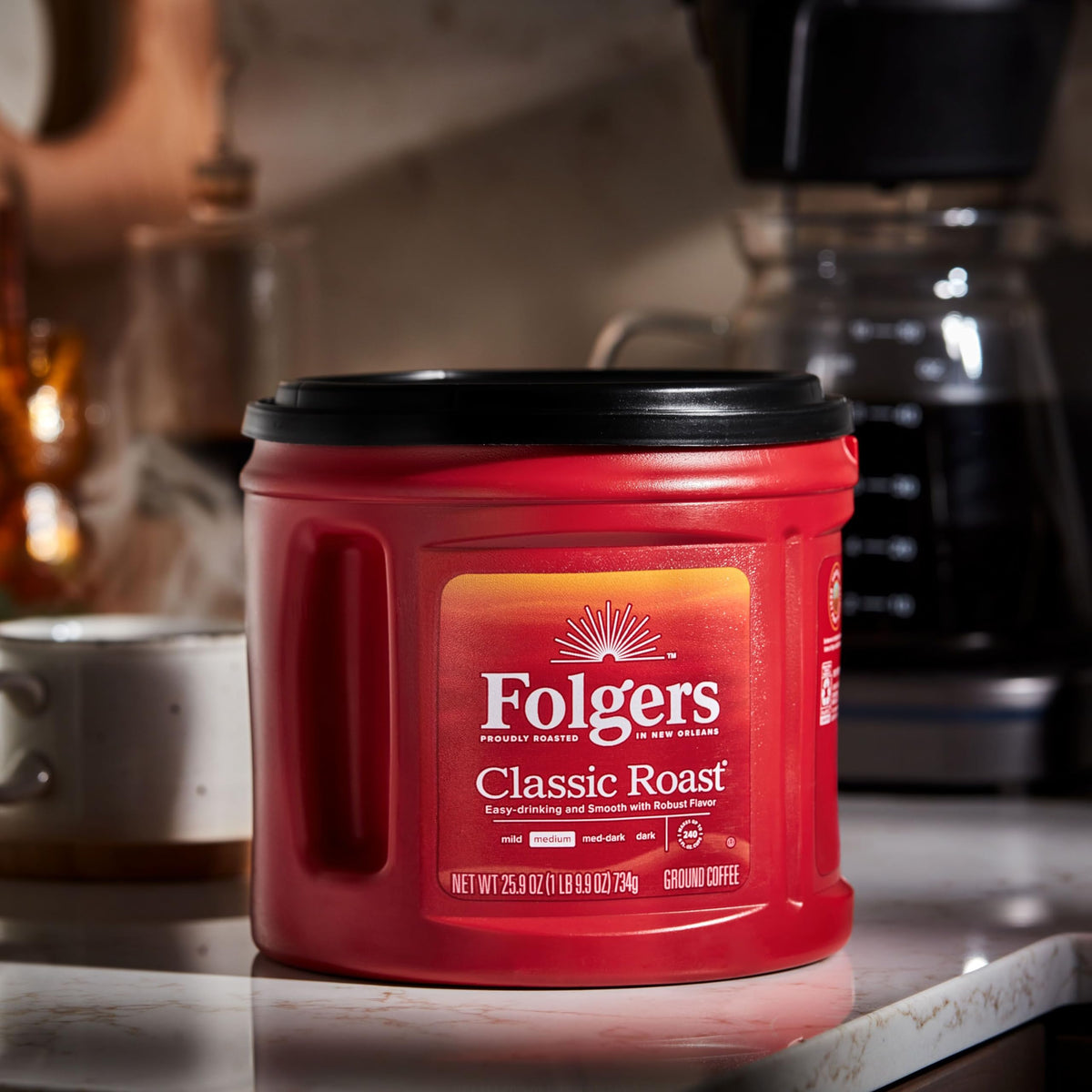 Folgers Classic Roast coffee pour over mug demonstrates smooth, versatile brewing for any method.