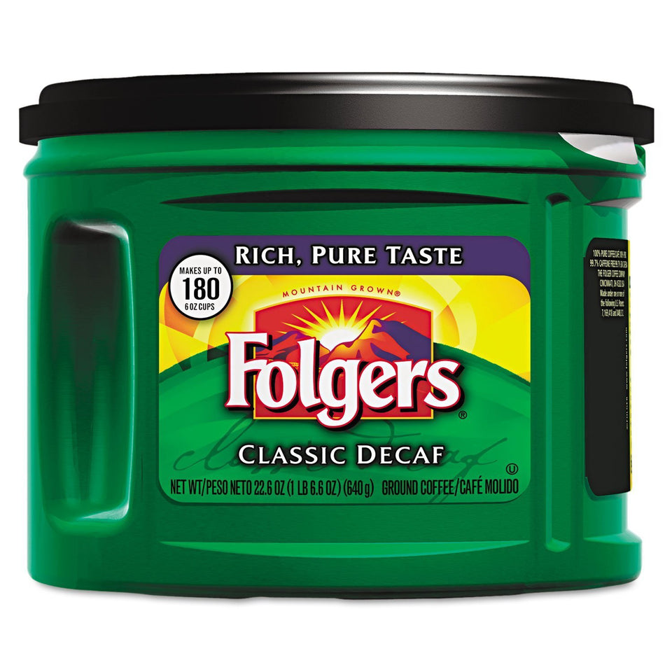 Folgers Classic Roast Decaf ground coffee - 22.6 oz can for smooth, dependable flavor.