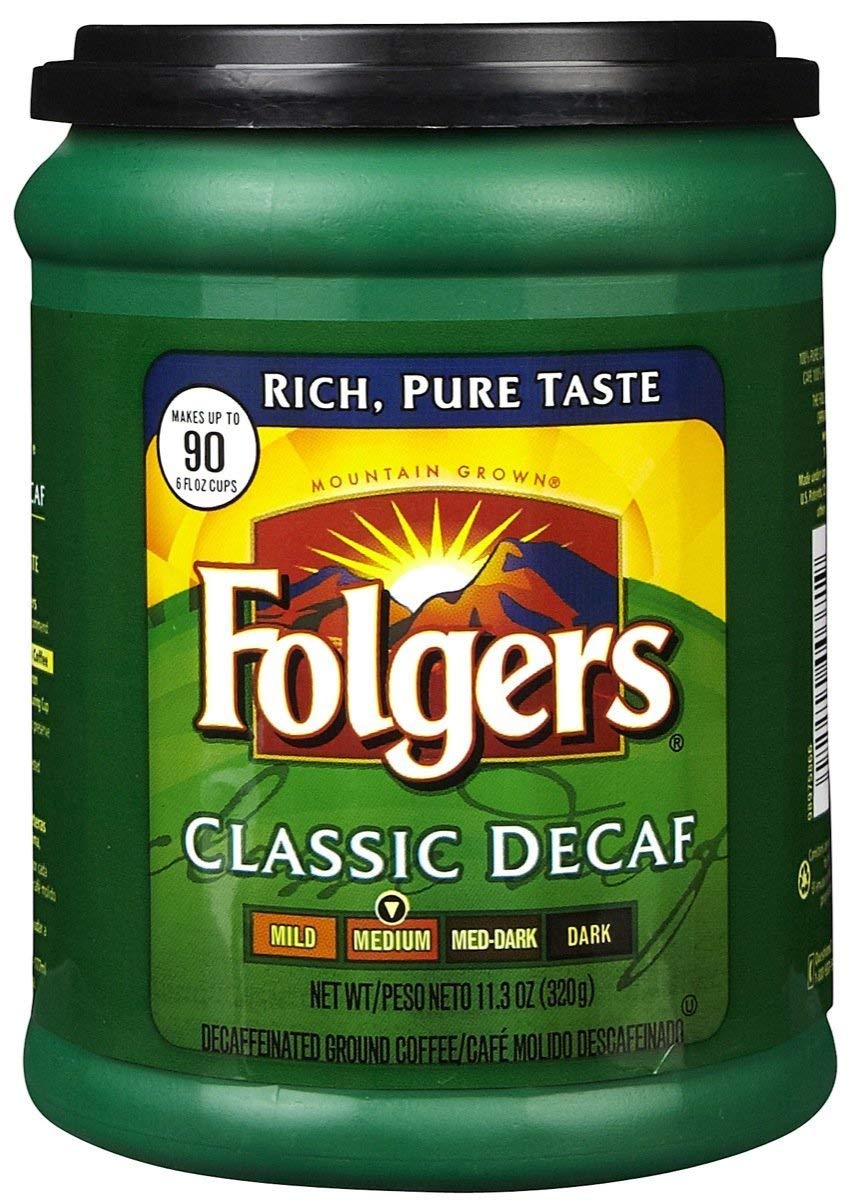 Folgers Classic Roast Decaf ground coffee bag delivers rich flavor for a caffeine-free morning.