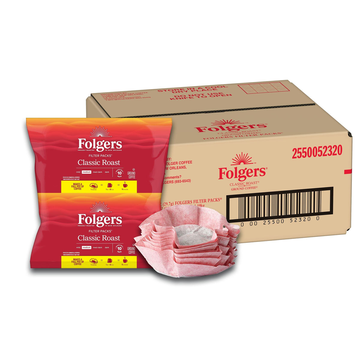 Folgers Classic Roast filter pack close-up, convenient for quick office brewing.