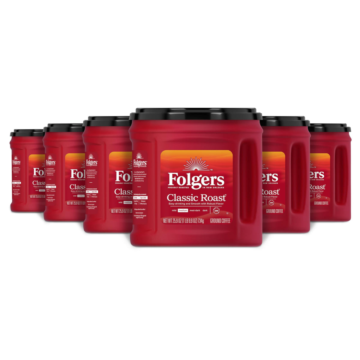 Folgers Classic Roast front canister shows bold aroma for everyday coffee moments.