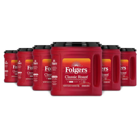 Folgers Classic Roast front canister shows bold aroma for everyday coffee moments.