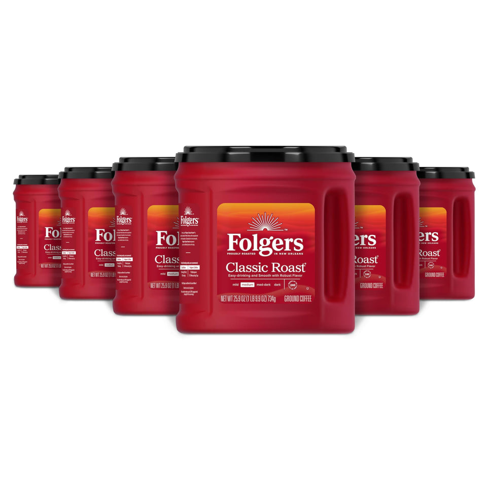 Folgers Classic Roast front canister shows bold aroma for everyday coffee moments.