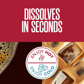 Folgers Classic Roast instant coffee crystals closeup, highlighting aroma and texture.