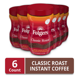 Folgers Classic Roast instant coffee jar pack back view, six jars shown.