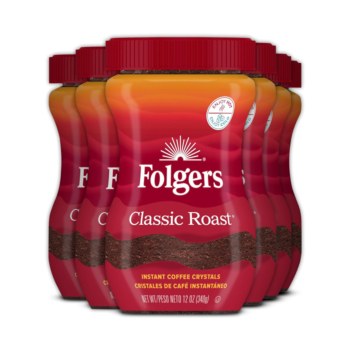 Folgers Classic Roast instant coffee jar pack front view for quick mornings.