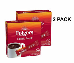 Folgers Classic Roast instant coffee packets close-up highlighting convenient single-serve portions.