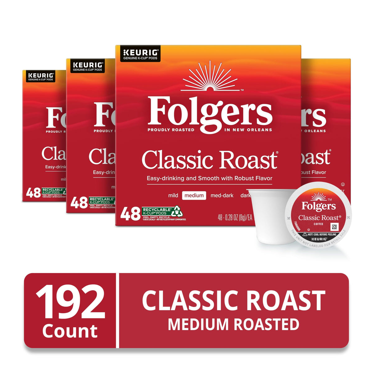 Close-up of Folgers Classic Roast K-Cup pod ready for Keurig.