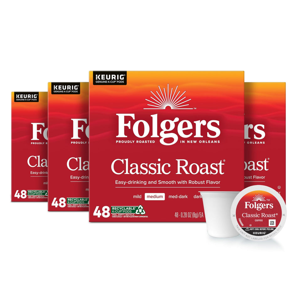 Folgers Classic Roast K-Cups in box, convenient single-serve coffee.