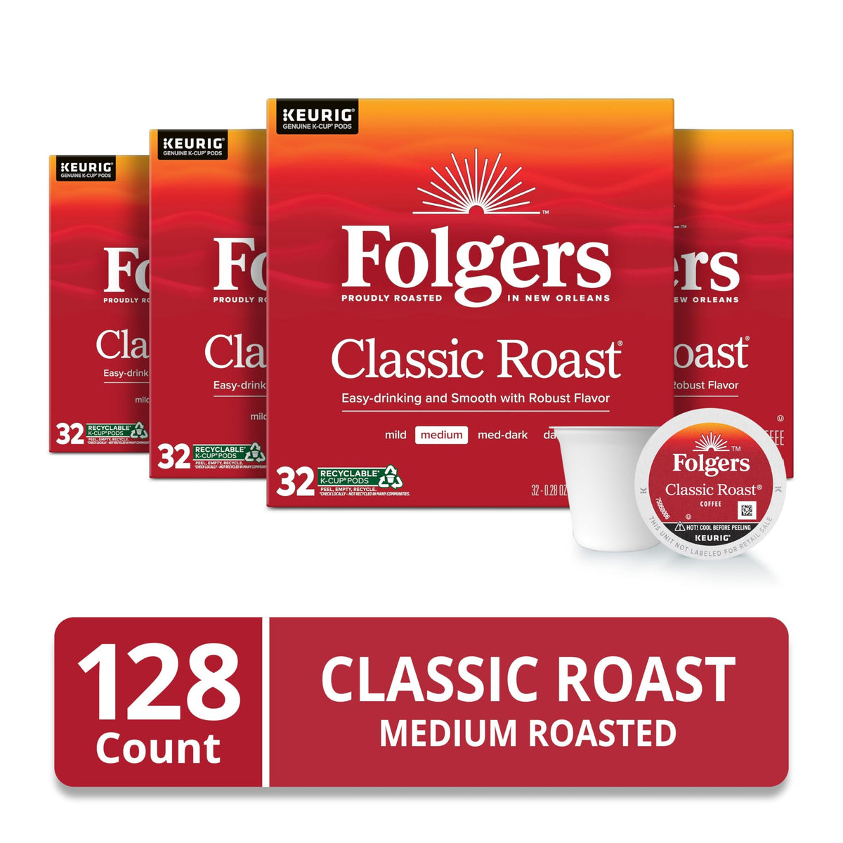 Four 32-count Folgers boxes inside pack for easy stocking up