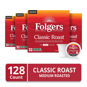 Four 32-count Folgers boxes inside pack for easy stocking up