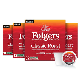 Folgers Classic Roast K-Cup pods in four-pack box, ideal for quick mornings