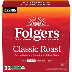 Folgers Classic Roast K-Cup pods ready for quick, consistent Keurig brewing and rich aroma.