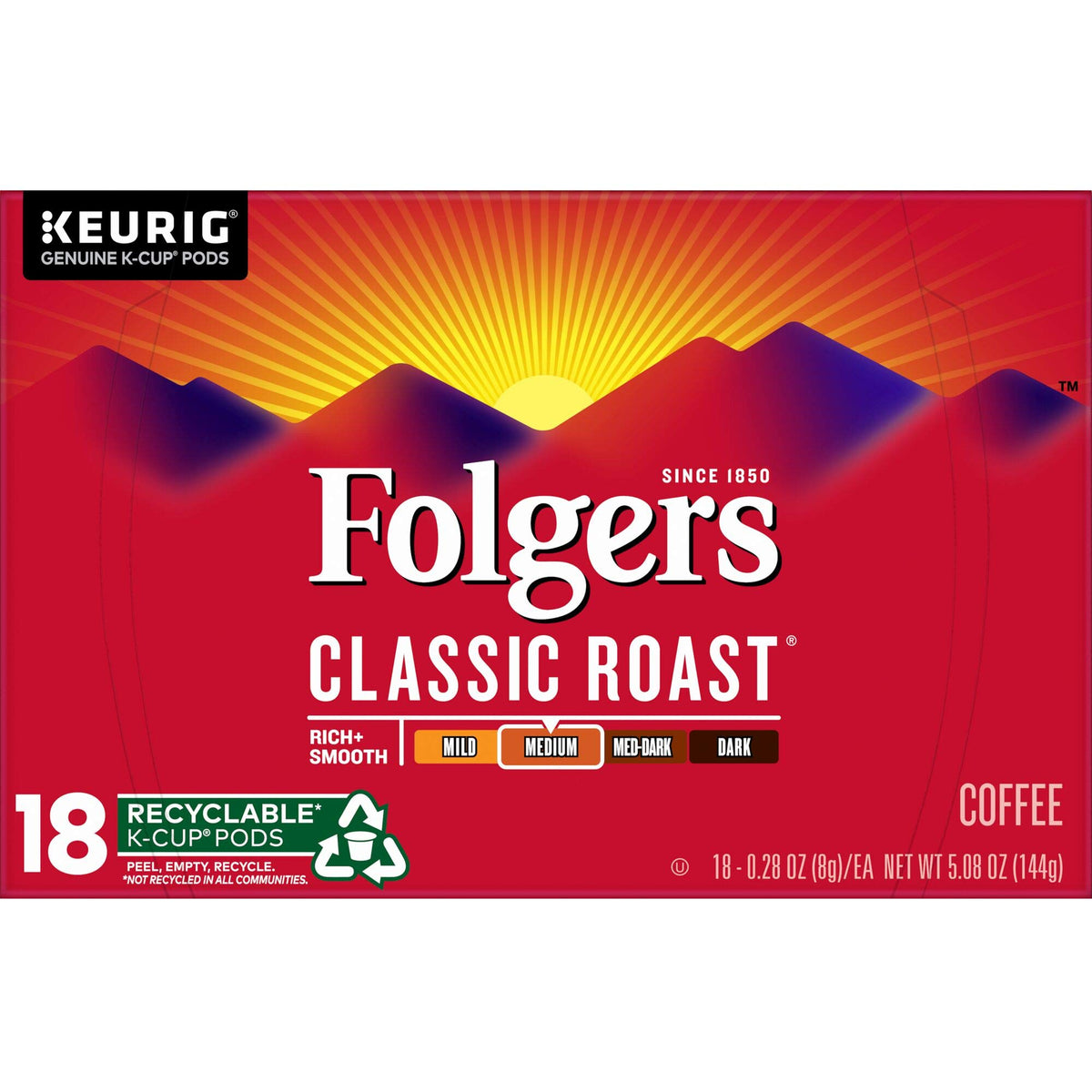 Folgers Classic Roast K-Cup pod for Keurig brewers, smooth medium roast for quick mornings.