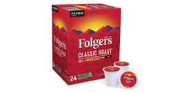 Folgers Classic Roast in Keurig brewer for quick single-serve coffee.