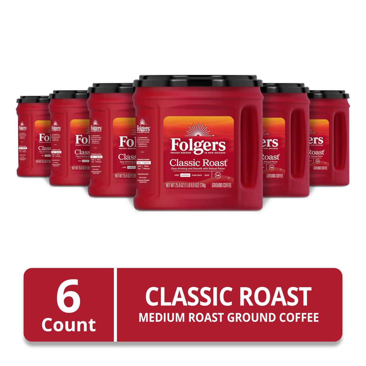 Folgers Classic Roast pack six canisters for bulk value and easy stocking.