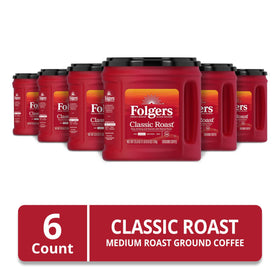Folgers Classic Roast pack six canisters for bulk value and easy stocking.