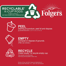 Folgers Classic Roast packaging shows recycling note for eco-conscious use.