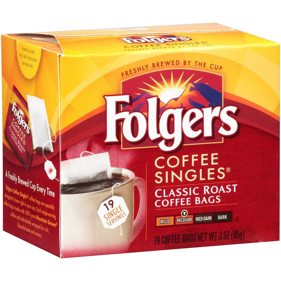 Folgers Coffee Singles packaging with 19 bags shows convenient single-serve portions.