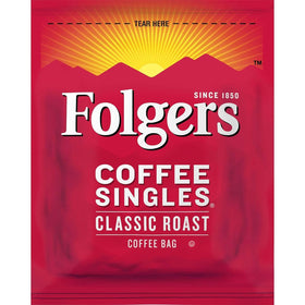 Folgers Coffee Singles Classic Roast brewed in mug; quick flavor.