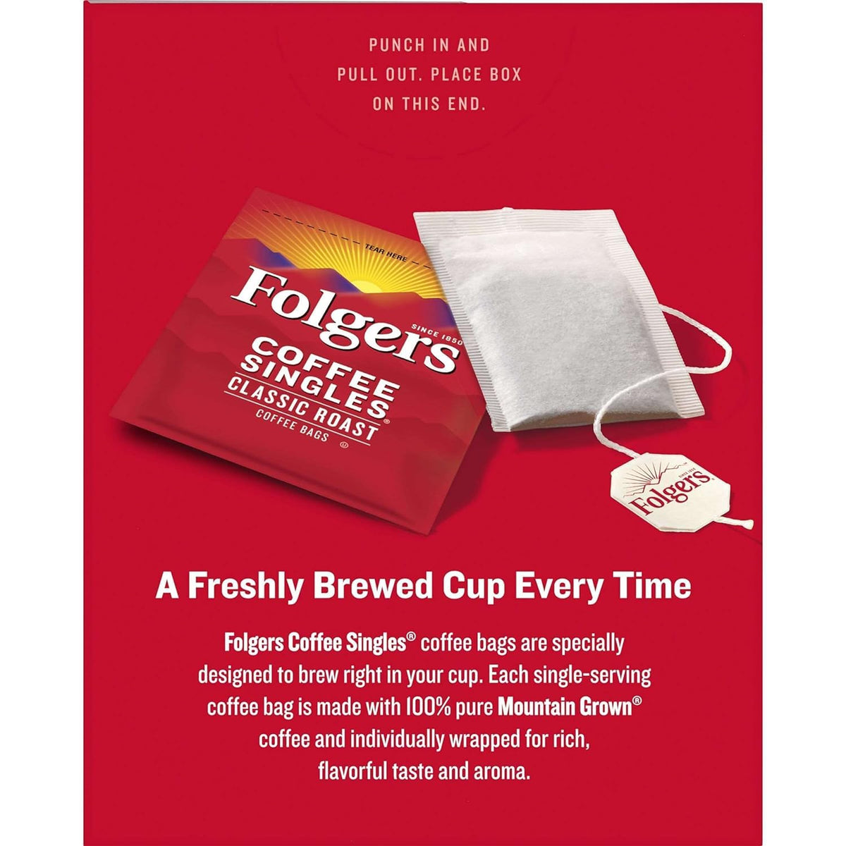 Folgers Coffee Singles Classic Roast freshness seal; preserves aroma.