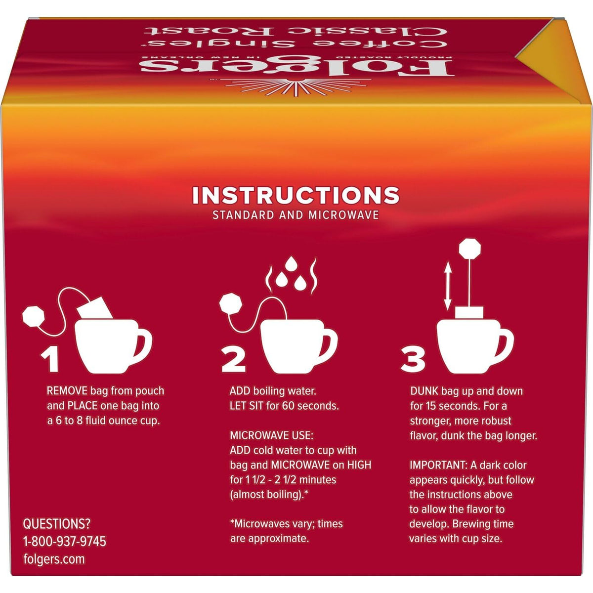 Folgers Coffee Singles Classic Roast individually wrapped; preserves freshness.