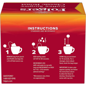Folgers Coffee Singles Classic Roast individually wrapped; preserves freshness.