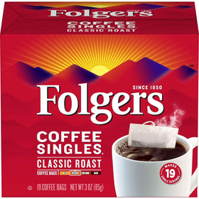 Folgers Coffee Singles Classic Roast pack front; convenient single-serve for busy mornings.