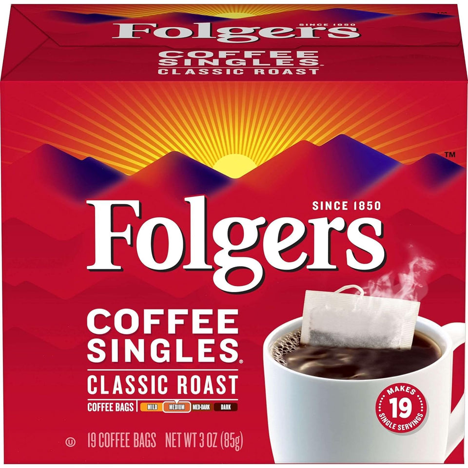 Folgers Coffee Singles Classic Roast pack front; convenient single-serve for busy mornings.