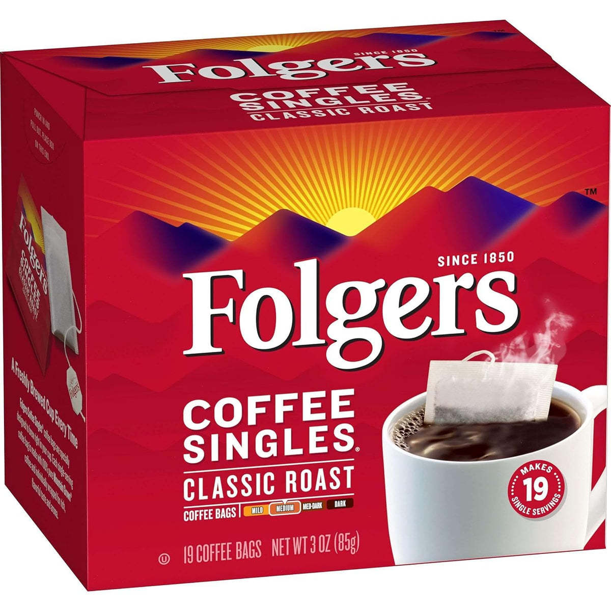 Folgers Coffee Singles Classic Roast single packet; portable and mess-free.