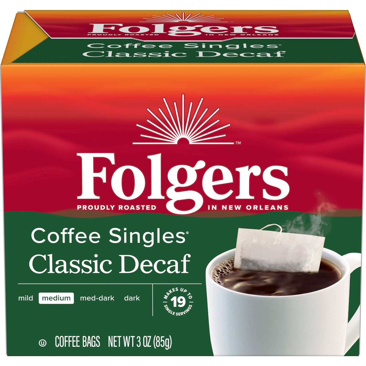 Folgers decaf coffee singles bags for quick mug brewing anywhere.