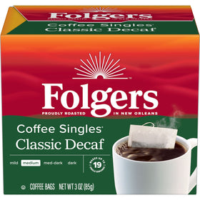 Folgers decaf coffee singles bags for quick mug brewing anywhere.
