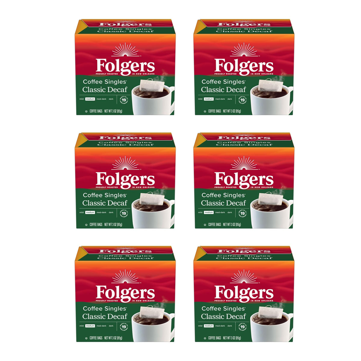 Folgers decaf coffee singles in six boxes for easy home brewing.