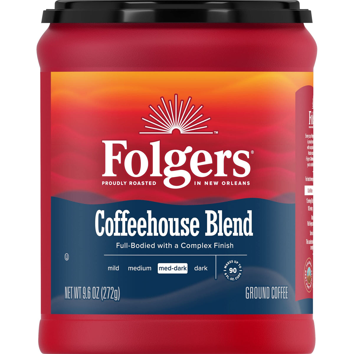 Folgers Coffeehouse Blend canister preserves freshness for everyday home brewing.