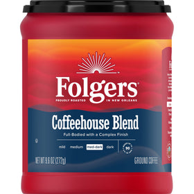 Folgers Coffeehouse Blend canister preserves freshness for everyday home brewing.