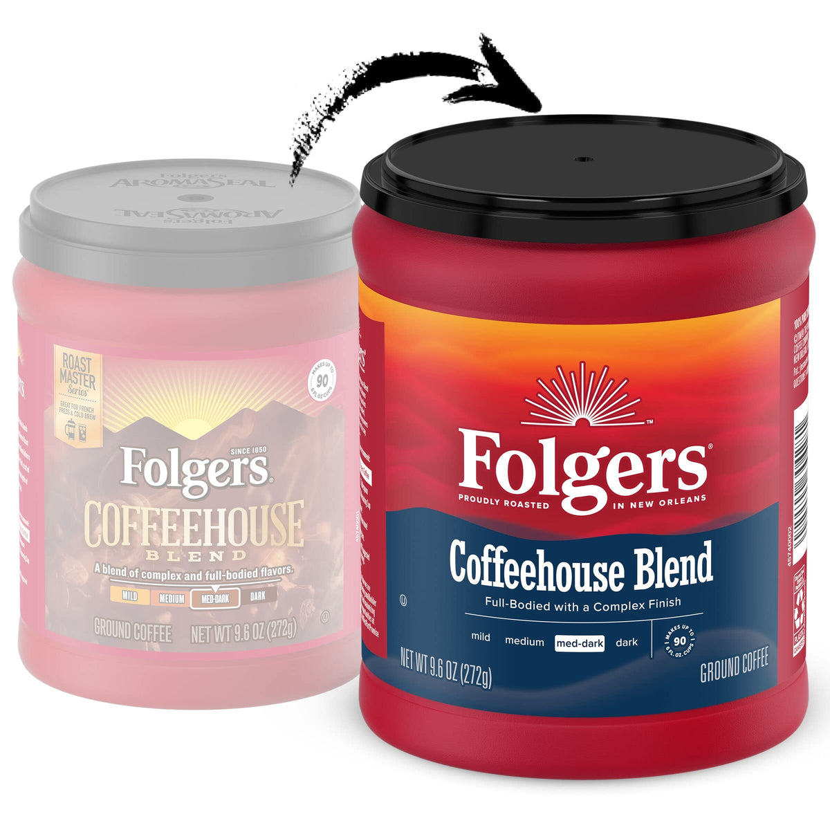 Folgers Coffeehouse Blend label close-up highlights medium-dark roast flavor.